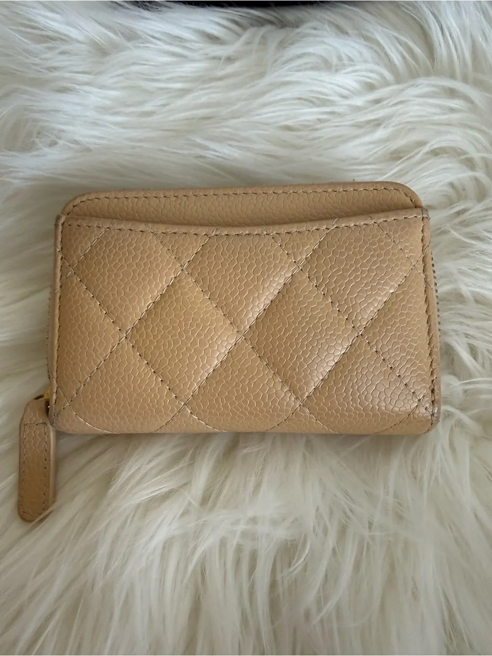 CHANEL Quilted Card Zip Wallet — Beige with Gold CC